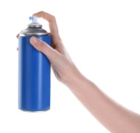 Photo of Man with can of spray paint on white background, closeup