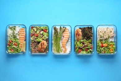 Healthy food. Different meals in glass containers on light blue background, flat lay