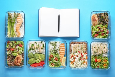 Healthy food. Different meals in glass containers, open notebook and pen on light blue background, flat lay