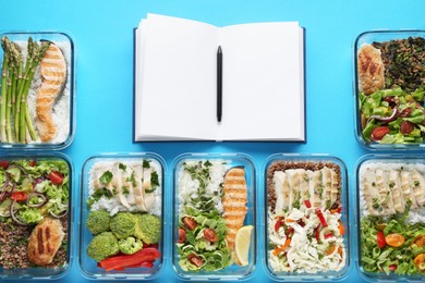Photo of Healthy food. Different meals in glass containers, open notebook and pen on light blue background, flat lay