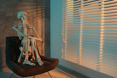 Waiting concept. Human skeleton sitting in armchair indoors, space for text