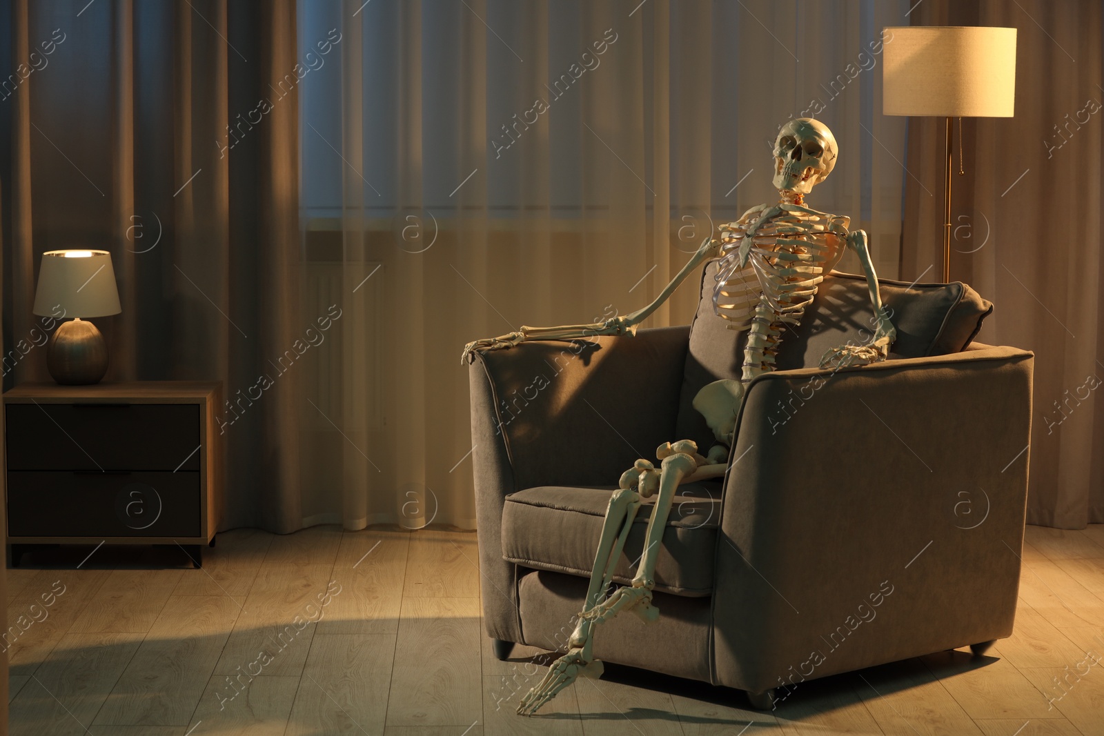 Photo of Waiting concept. Human skeleton sitting in armchair indoors, space for text