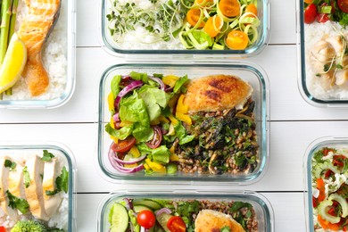 Healthy meal. Containers with different products on white wooden table, flat lay