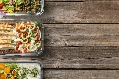 Healthy meal. Containers with different products on wooden table, flat lay. Space for text