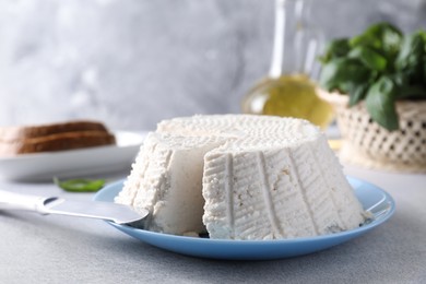 Tasty ricotta (cream cheese) and knife on grey table, closeup