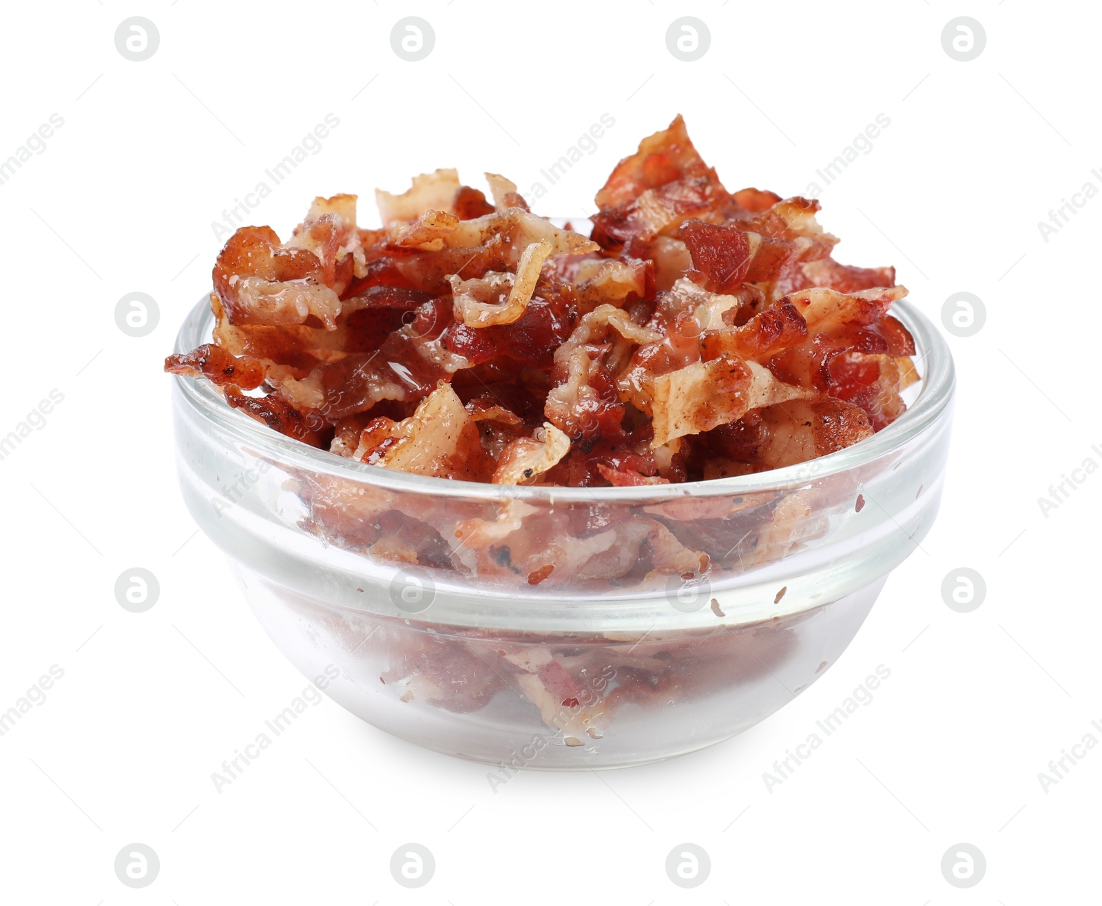 Photo of Slices of tasty fried bacon in bowl isolated on white