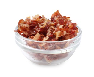 Photo of Slices of tasty fried bacon in bowl isolated on white