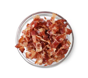 Photo of Slices of tasty fried bacon in bowl isolated on white, top view