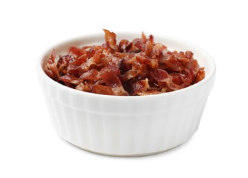 Photo of Slices of tasty fried bacon in bowl isolated on white