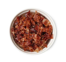 Photo of Slices of tasty fried bacon in bowl isolated on white, top view