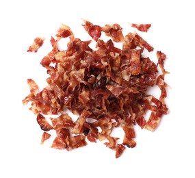 Photo of Slices of tasty fried bacon isolated on white, top view