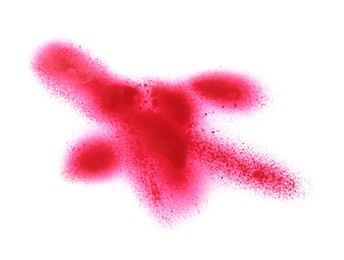 Photo of Abstract picture drawn by pink spray paint isolated on white, top view