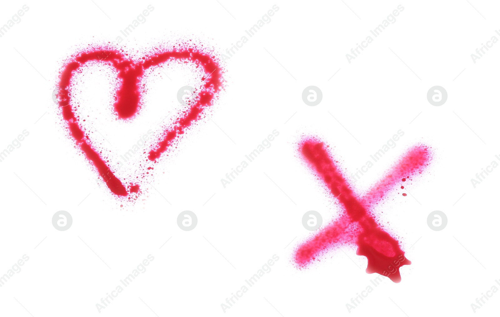 Photo of Crossed lines and heart drawn by pink spray paint isolated on white, top view