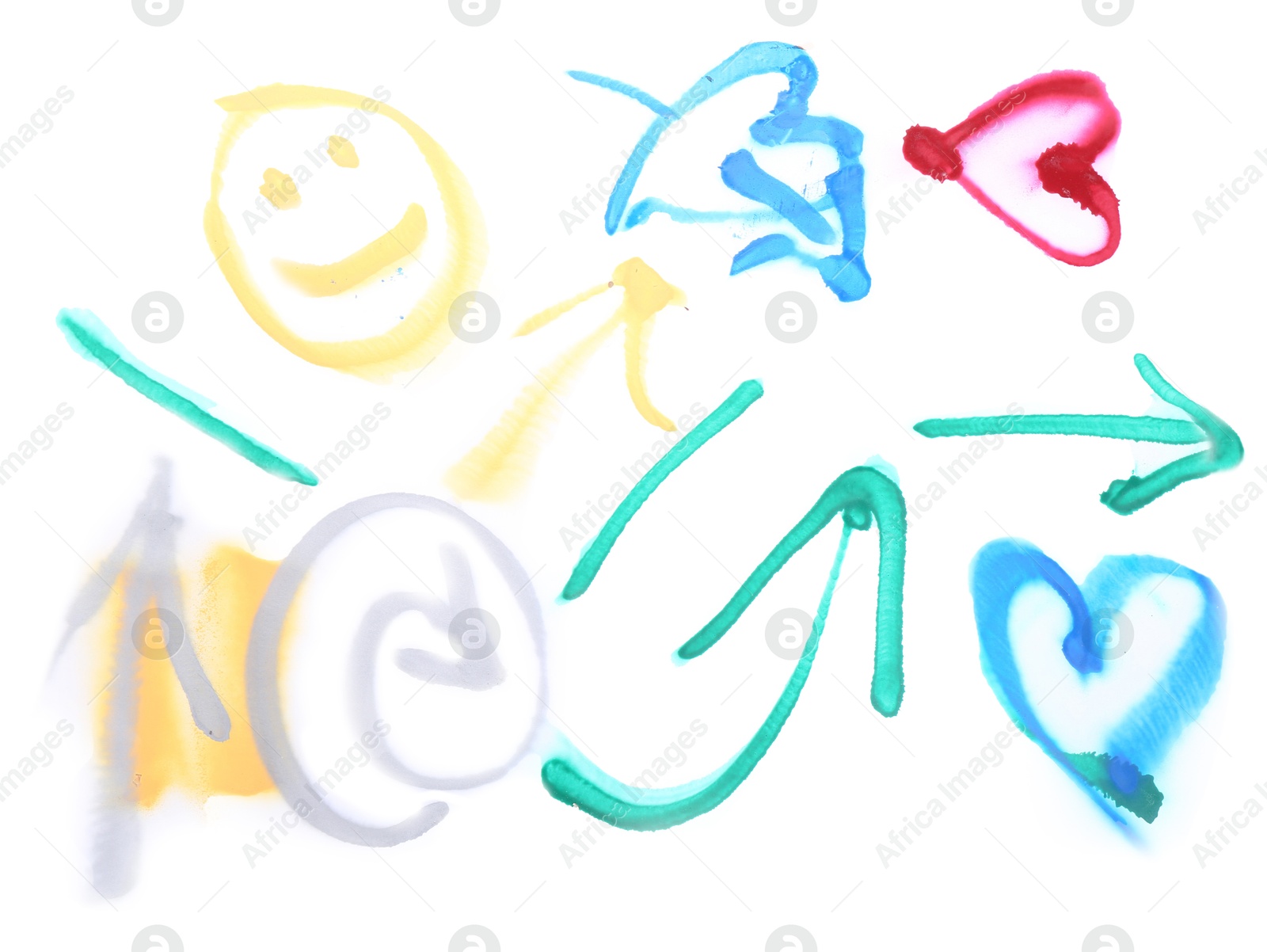 Photo of Different symbols drawn by bright spray paints isolated on white, top view