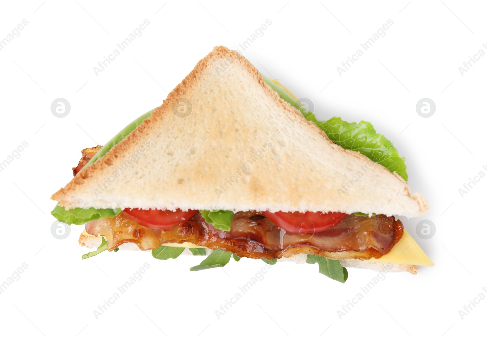 Photo of Delicious sandwich with fried bacon isolated on white, top view