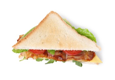 Delicious sandwich with fried bacon isolated on white, top view