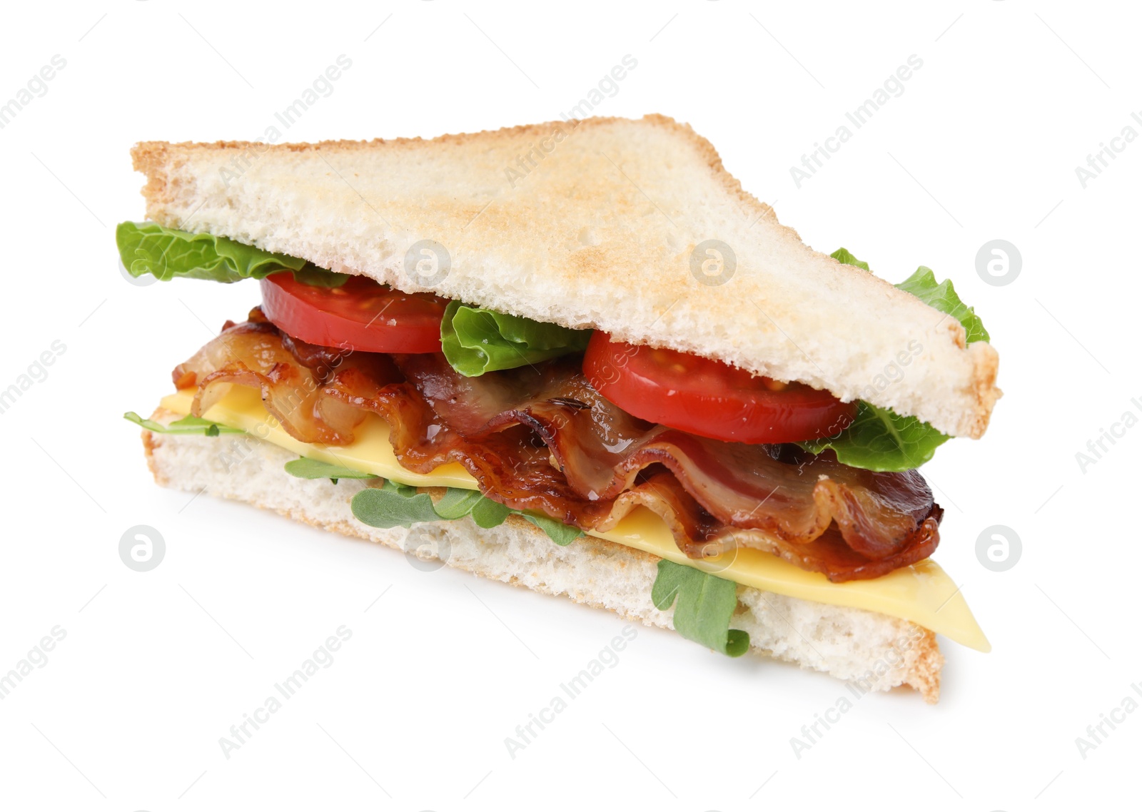 Photo of Delicious sandwich with fried bacon isolated on white