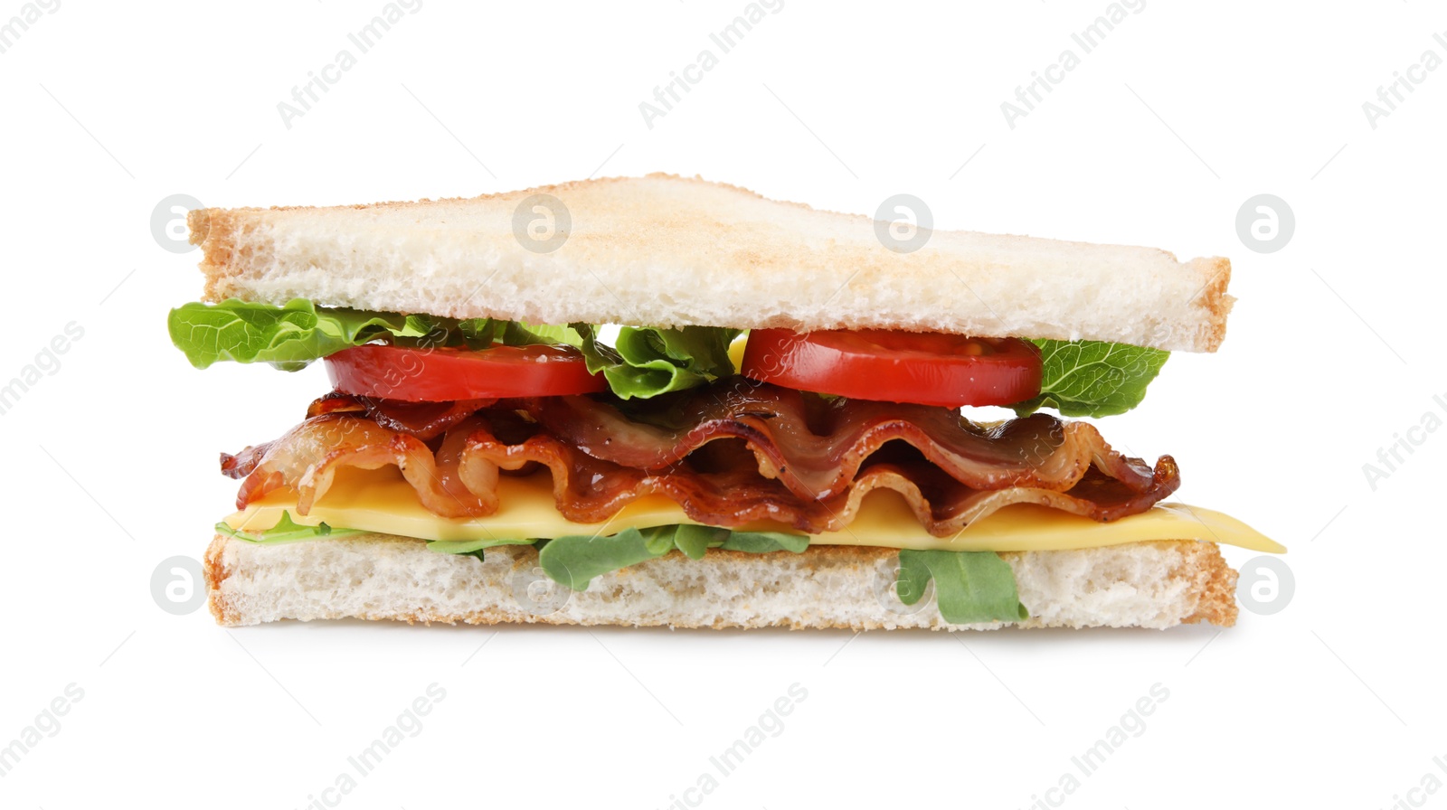 Photo of Delicious sandwich with fried bacon isolated on white