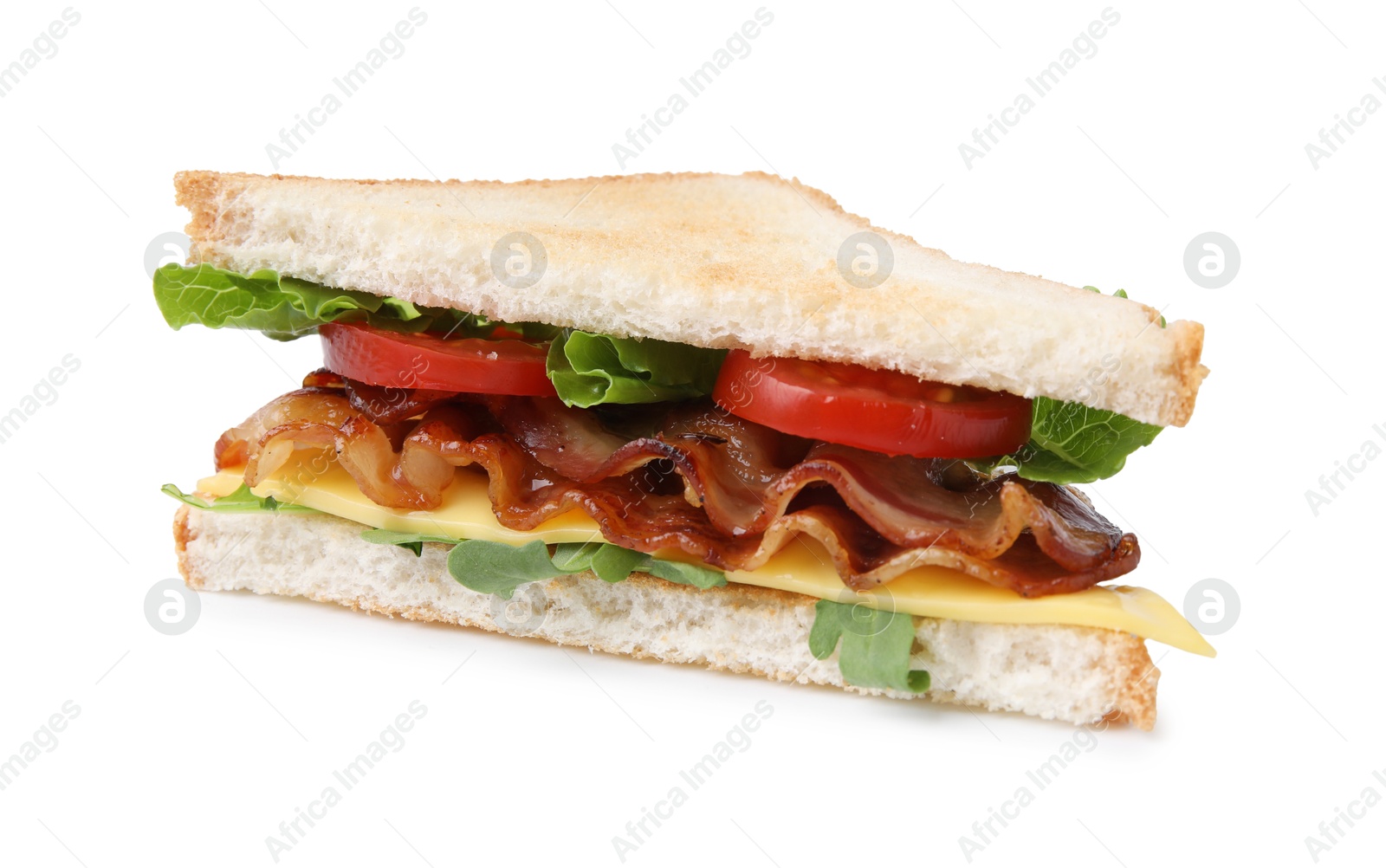 Photo of Delicious sandwich with fried bacon isolated on white