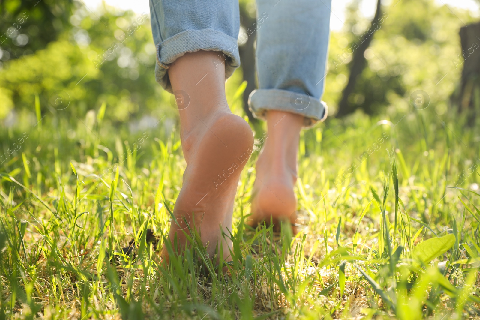 Photo of Woman walking barefoot on green grass outdoors, closeup