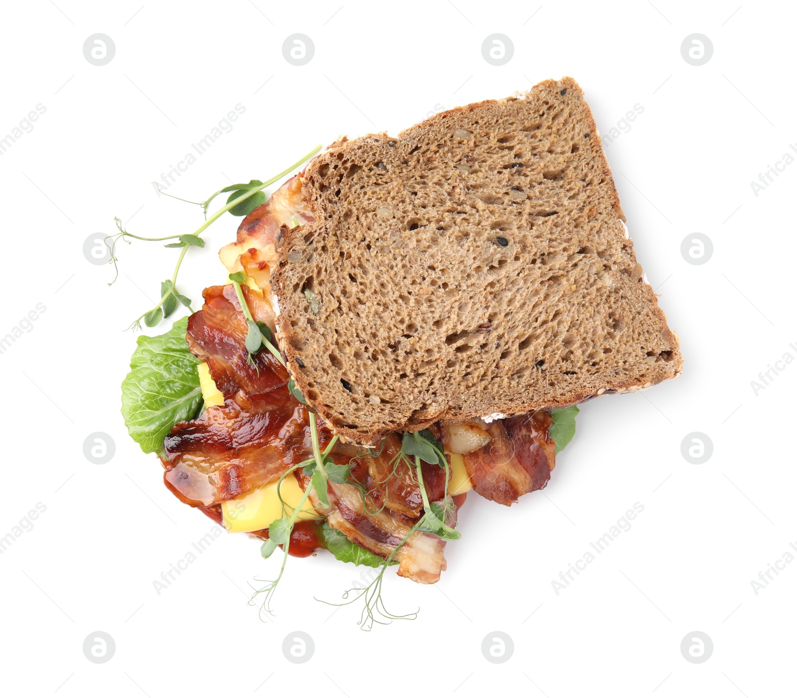 Photo of Tasty sandwich with bacon and microgreens isolated on white, top view