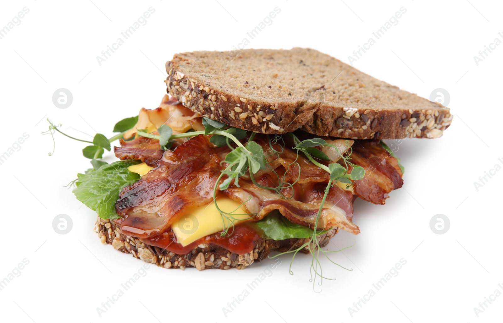 Photo of Tasty sandwich with bacon and microgreens isolated on white