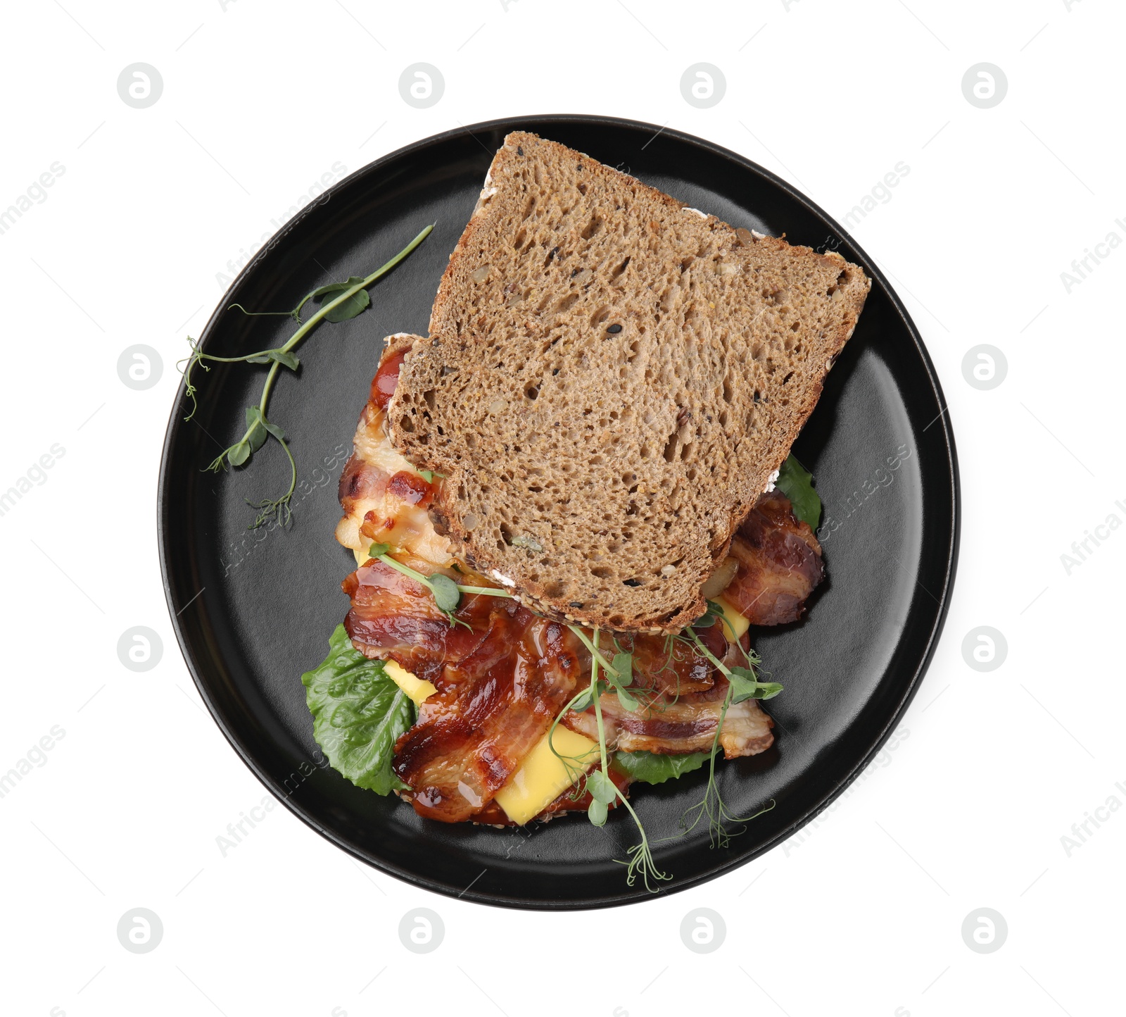 Photo of Tasty sandwich with bacon and microgreens isolated on white, top view