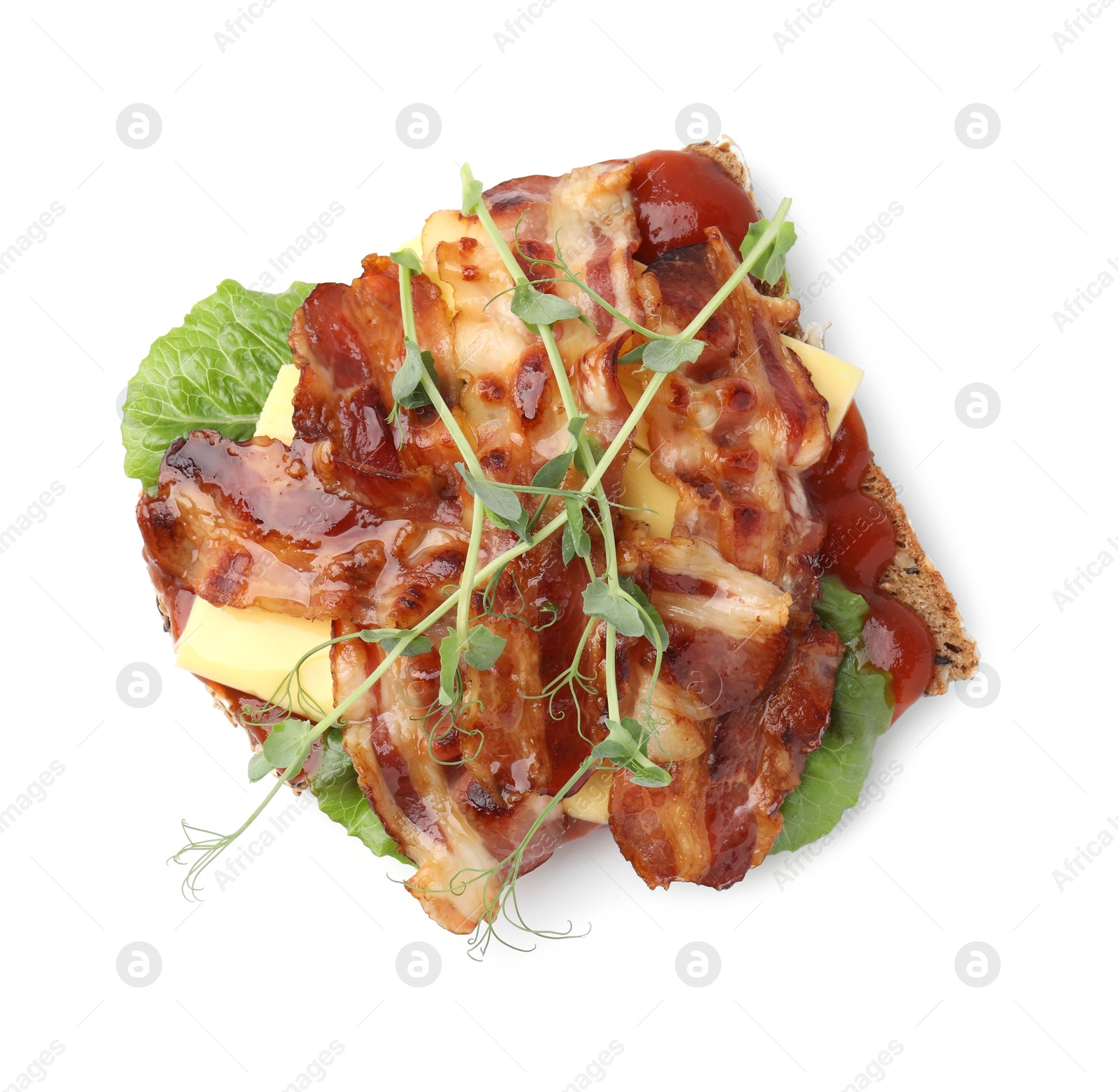 Photo of Tasty sandwich with bacon and microgreens isolated on white, top view