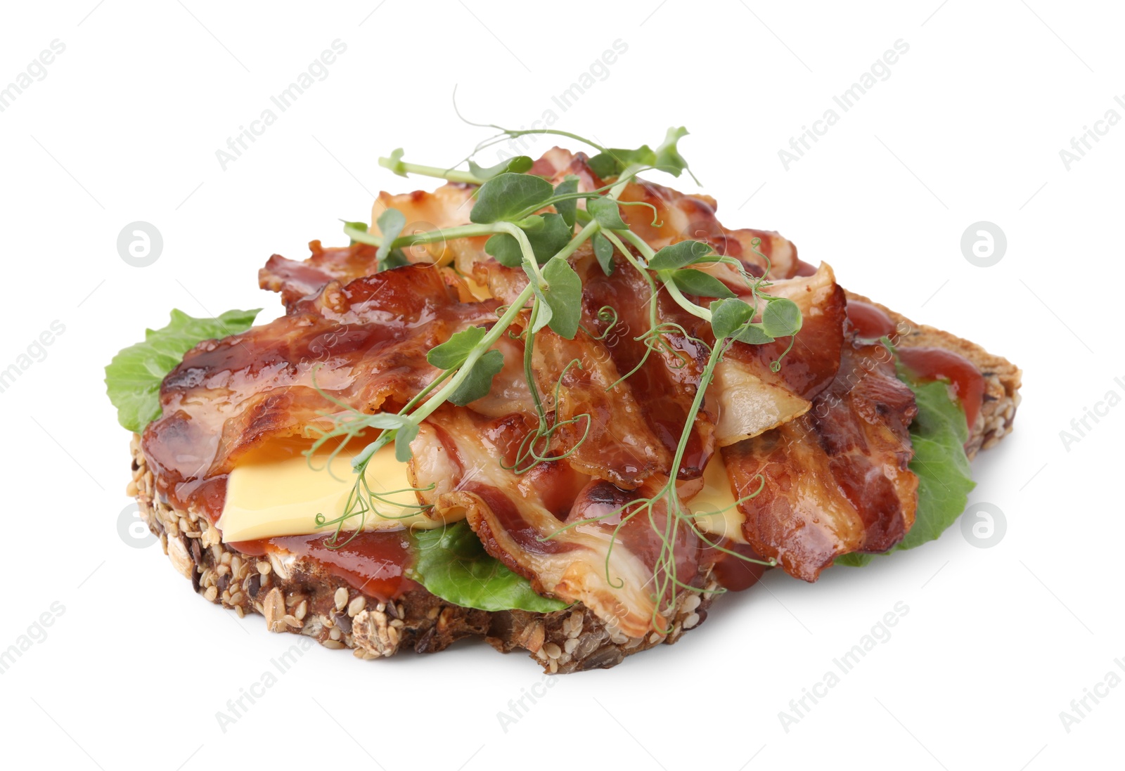 Photo of Tasty sandwich with bacon and microgreens isolated on white