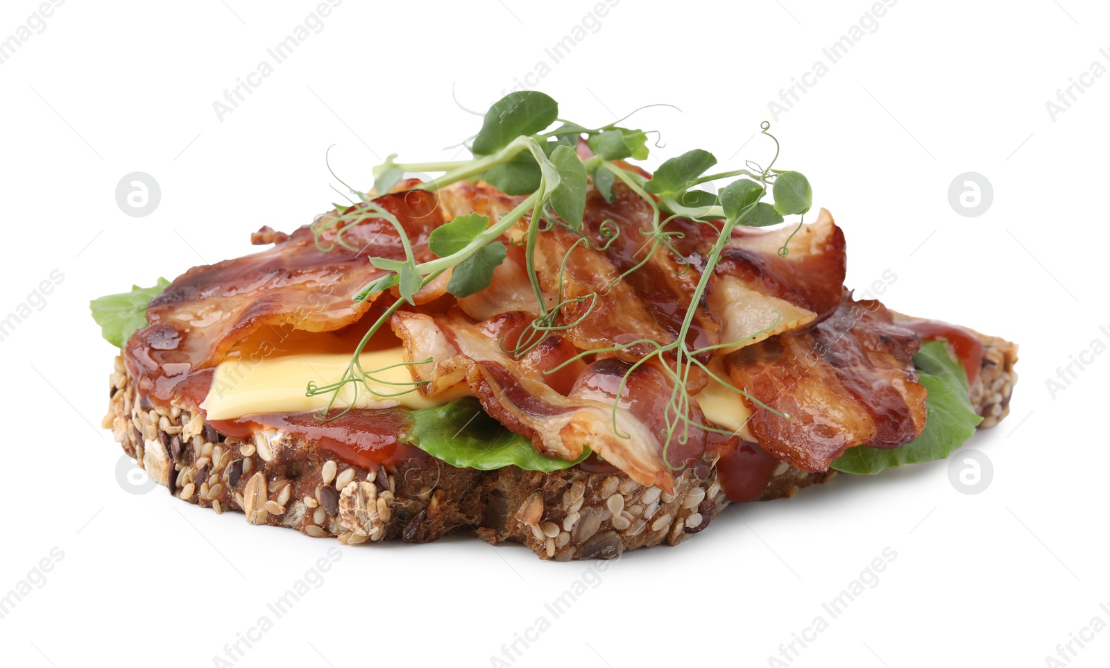 Photo of Tasty sandwich with bacon and microgreens isolated on white