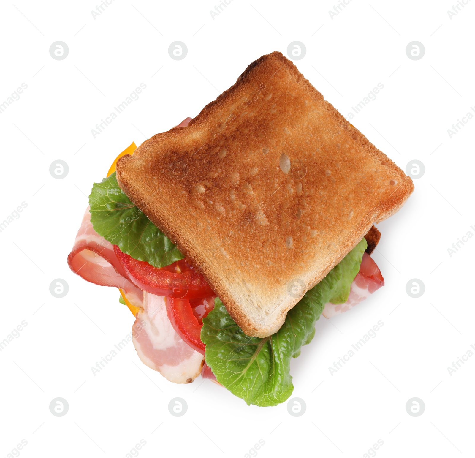 Photo of Tasty sandwich with bacon and tomato isolated on white, top view