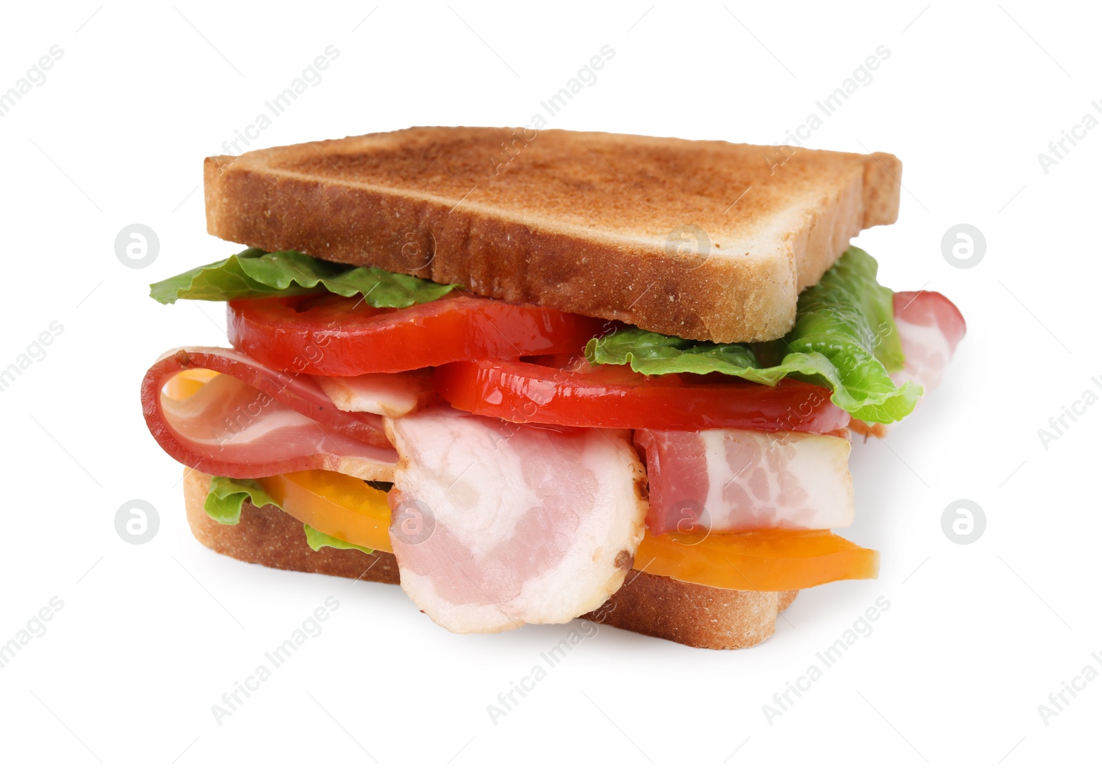 Photo of Tasty sandwich with bacon and tomato isolated on white