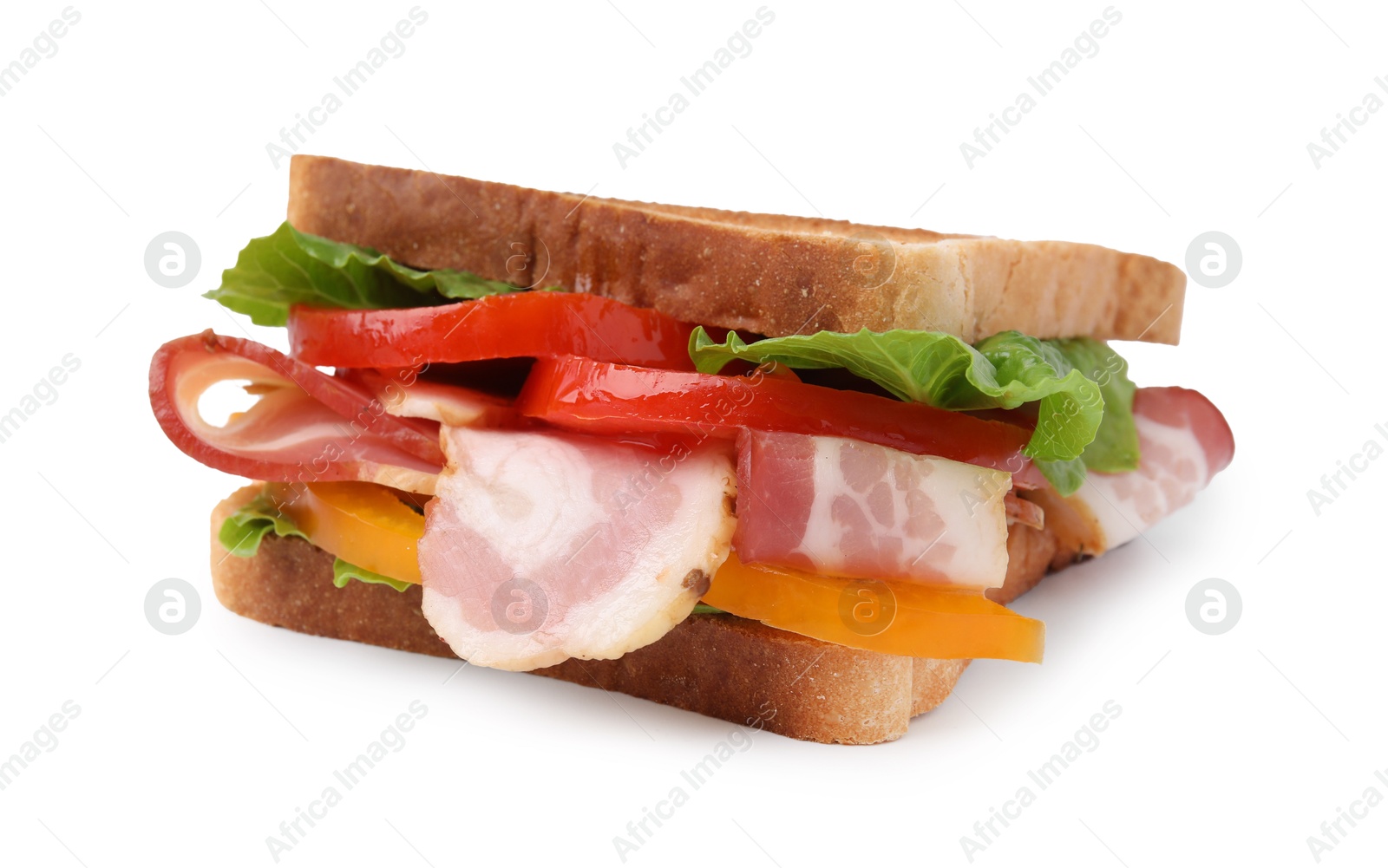 Photo of Tasty sandwich with bacon and tomato isolated on white