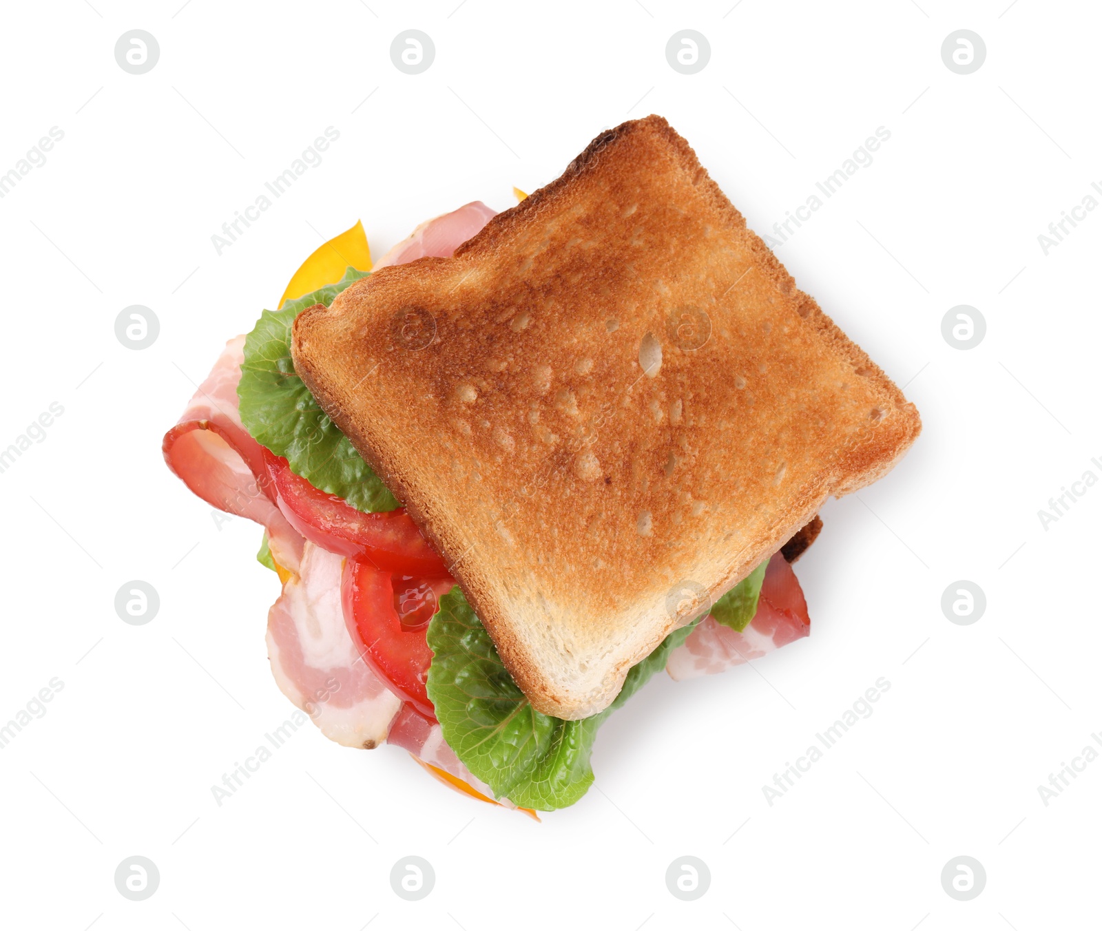 Photo of Tasty sandwich with bacon and tomato isolated on white, top view