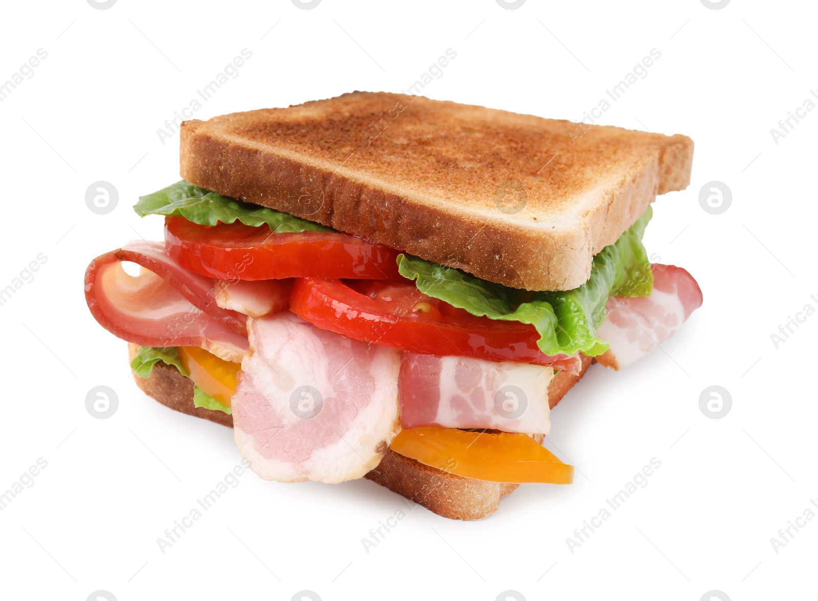 Photo of Tasty sandwich with bacon and bell pepper isolated on white