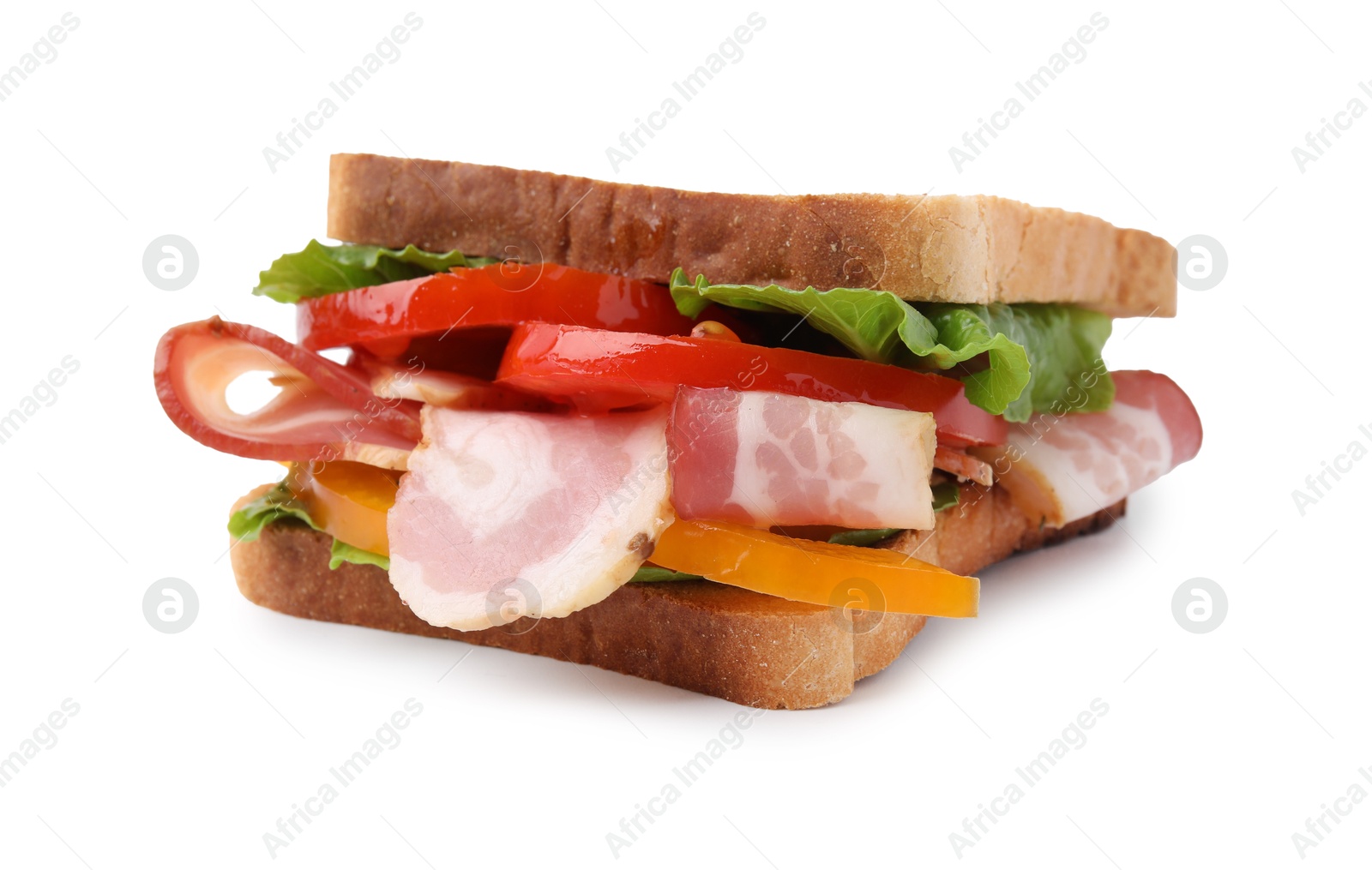 Photo of Tasty sandwich with bacon and bell pepper isolated on white