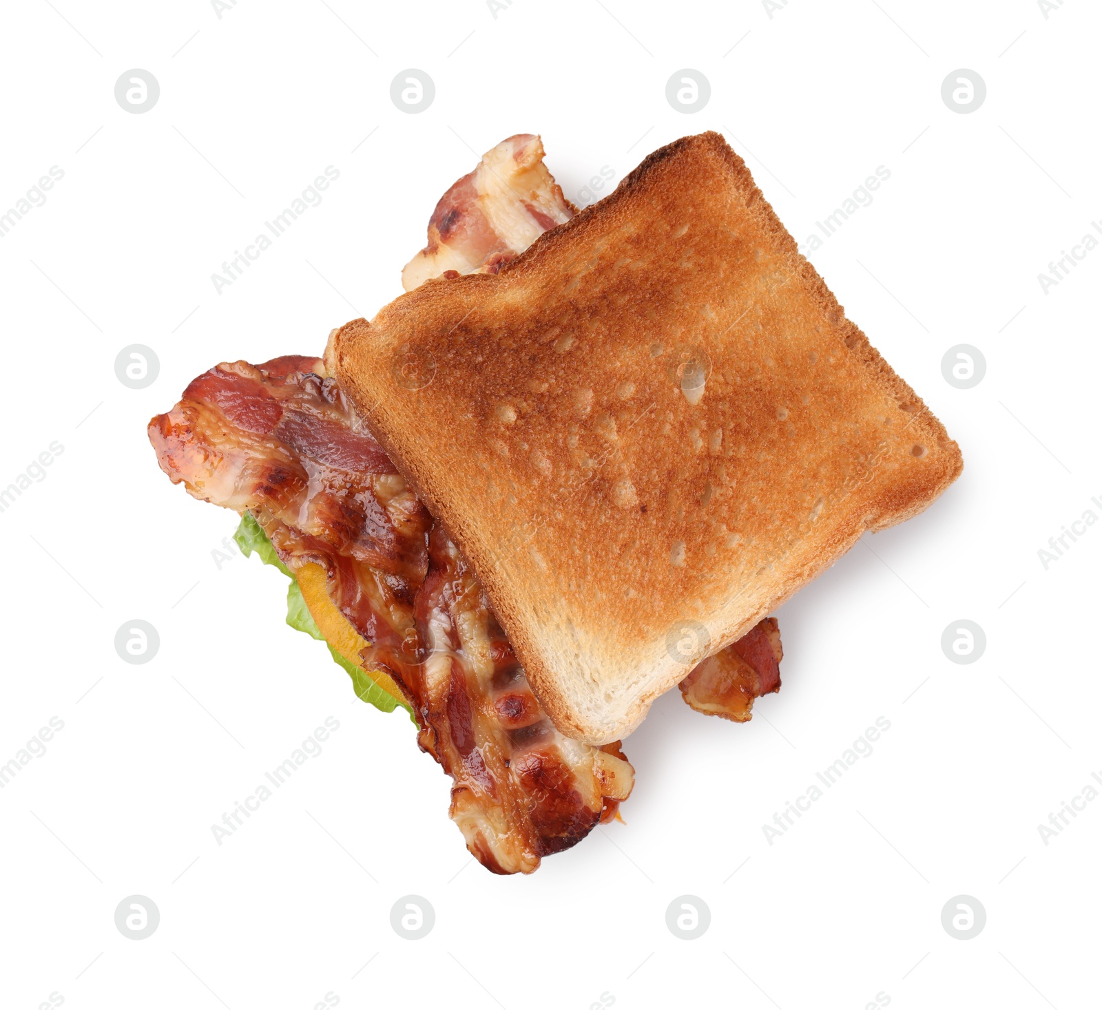 Photo of Tasty sandwich with bacon isolated on white, top view