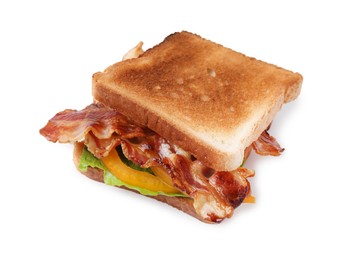 Photo of Tasty sandwich with bacon and bell pepper isolated on white