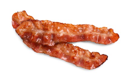 Photo of Slices of tasty fried bacon isolated on white, top view