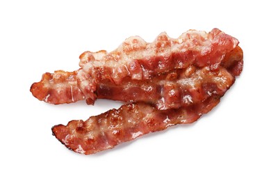 Photo of Slices of tasty fried bacon isolated on white, top view