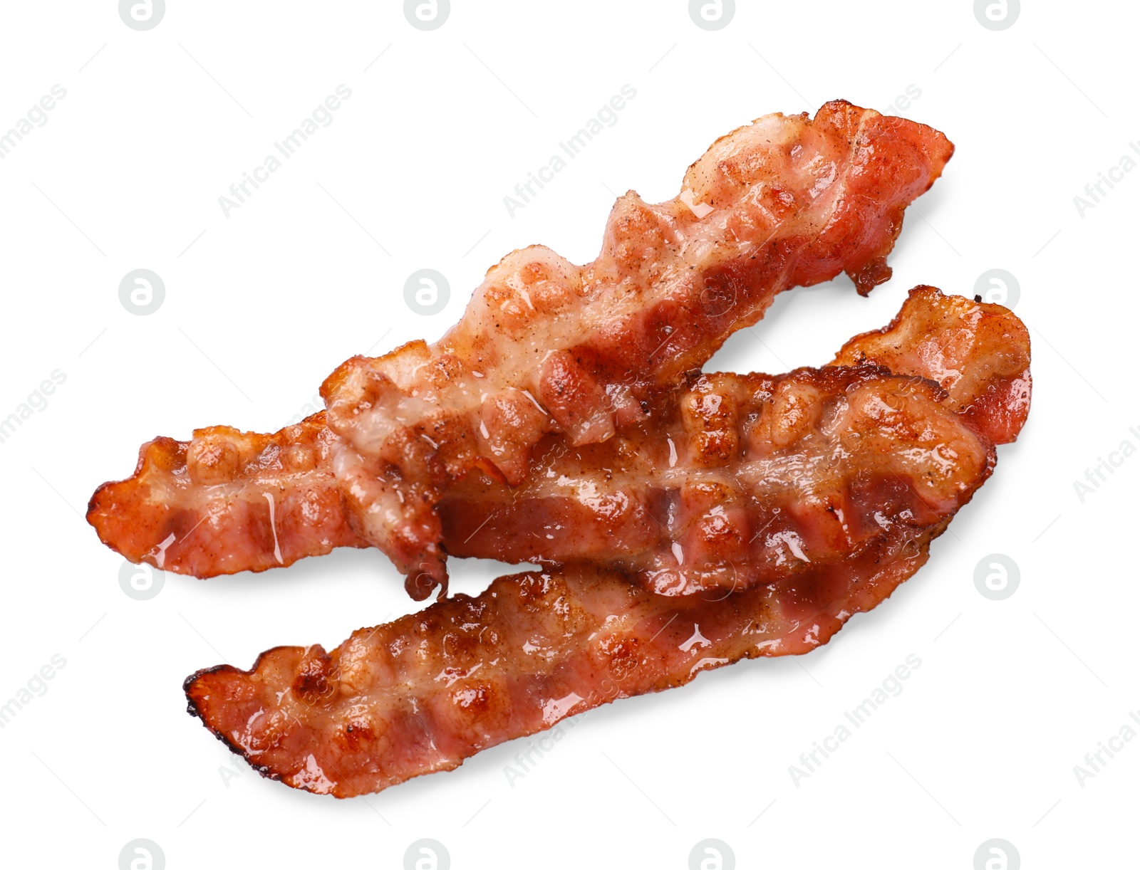 Photo of Slices of tasty fried bacon isolated on white, top view