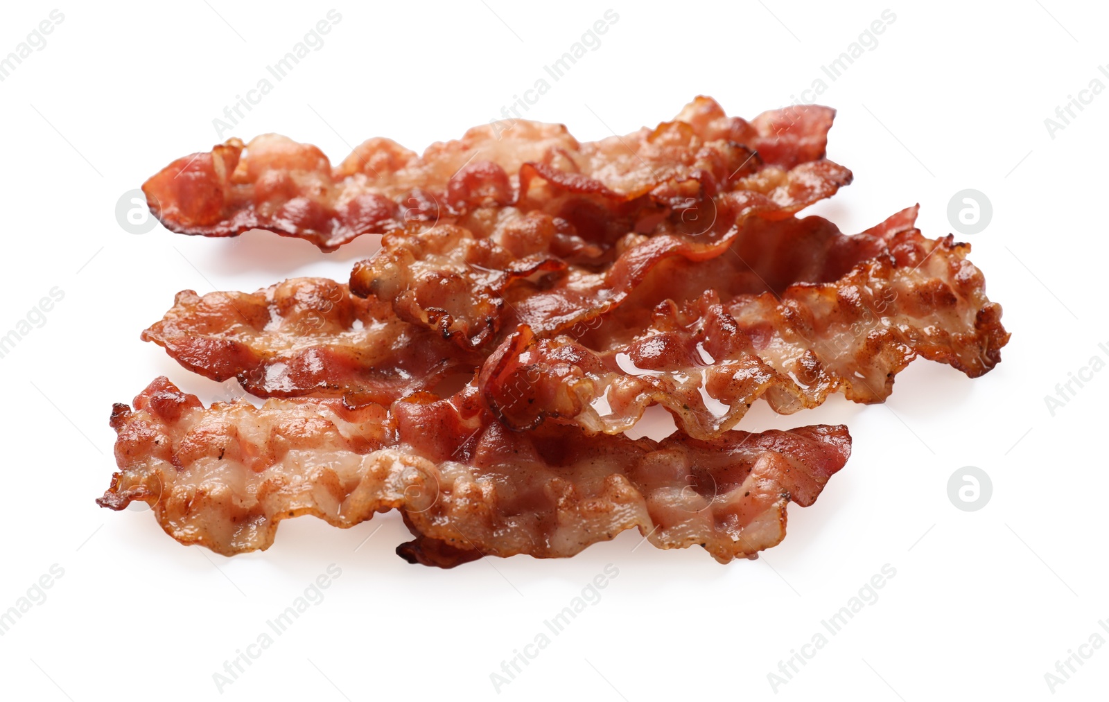 Photo of Slices of tasty fried bacon isolated on white