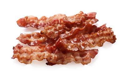 Photo of Slices of tasty fried bacon isolated on white