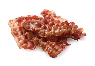 Photo of Slices of tasty fried bacon isolated on white