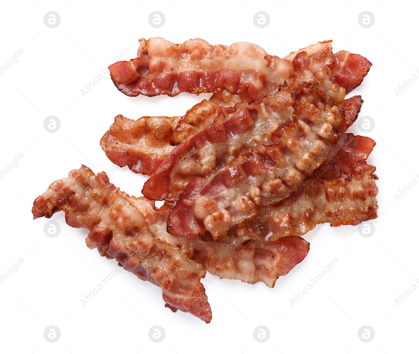 Photo of Slices of tasty fried bacon isolated on white, top view