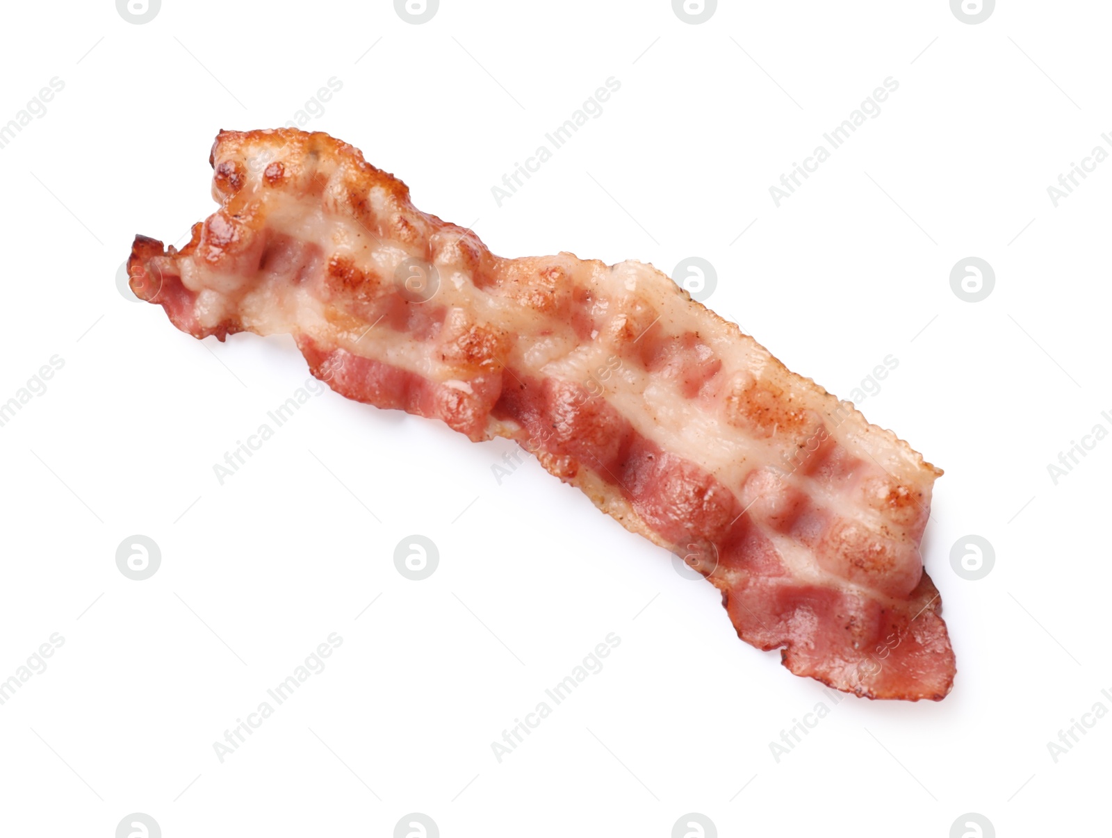 Photo of Slice of tasty fried bacon isolated on white, top view