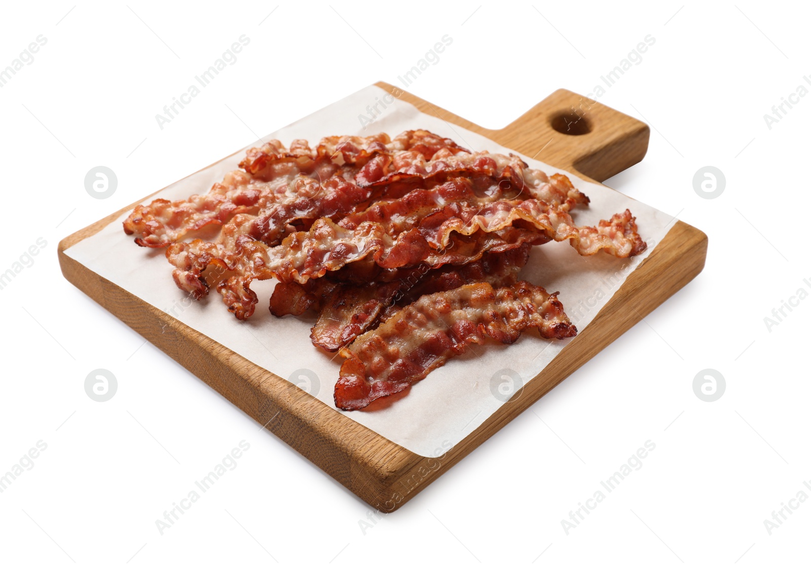 Photo of Slices of tasty fried bacon isolated on white