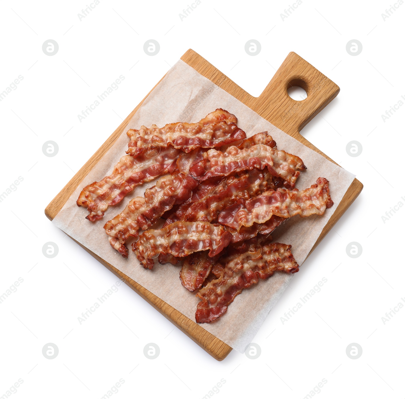 Photo of Slices of tasty fried bacon isolated on white, top view