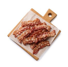 Photo of Slices of tasty fried bacon isolated on white, top view