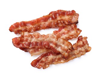 Photo of Slices of tasty fried bacon isolated on white, top view